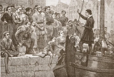 Nicholas que preaching à multidão de um barco no Scheldt, ilustração da história do protestantismo por James Aitken Wylie (1808-1890), bar. 1878