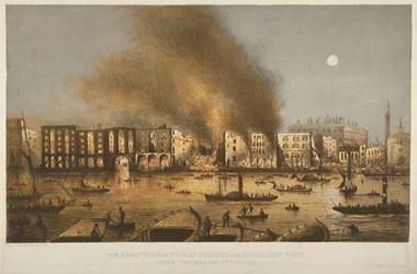 Visão noturna do incêndio de 1861 em Tooley Street, Bermondsey, 1861
