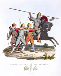 Norman Knight and Archers, 1066, da Ancient Armor, de Samuel Rush Meyrick, 1824
