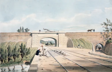 Linha de North Midland sob o Canal Cromford em Bull Bridge, publicado pela Day und Haghe (cor lito)
