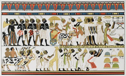 Chefes núbios trazendo presentes ao rei do Egito, cópia de uma pintura de parede egípcia antiga de um túmulo em Tebas, c.1380 aC, de The History of Mankind, Vol.III, pelo Prof. Friedrich Ratzel, 1898