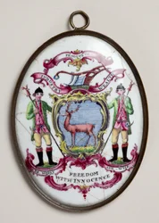 Medalhão oval para a Society of Bucks, mostrando dois silvicultores apoiando um escudo pintado com um cervo (esmalte)