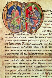 Página da Carta da Abadia de Kelso com uma inicial iluminada representando o Rei David I (1084-1153) e o seu neto Malcolm IV (1141-65) 1159 (vellum)