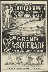 Panfleto para "Gala de Natação e Grande Mascarada, Jardins de Woolwich do Norte".