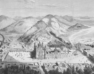 Vista panorâmica da Basílica de Guadalupe, Cidade do México, década de 1880 (gravura)