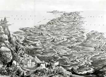 Vista panorâmica da Índia das montanhas do Himalaia, projetada por T. Packer, 1857
