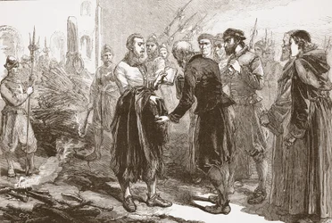 Parting de Patrick Hamilton de seus amigos na estaca, ilustração da história do protestantismo por James Aitken Wylie (1808-1890), bar. 1878