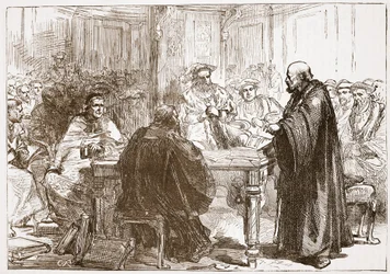Pastor Olaf na conferência em Upsala, ilustração da história do protestantismo por James Aitken Wylie (1808-1890), bar. 1878