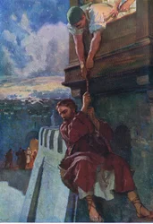 A fuga de Paulo de Damasco, de The Bible Picture Book publicado por Thomas Nelson, c.1950 (color litho)