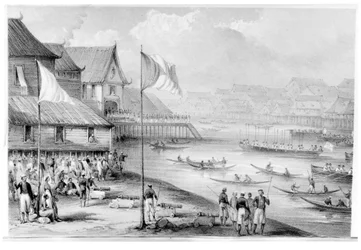 Pax Britannica chega a uma aldeia de Bornéu, frontispício para o volume 2 Narrativa de eventos em Bornéu e Celebes, até a ocupação de Labuan por Rodney Mundy, 1848
