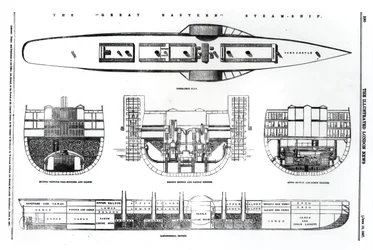 Plano e seções transversais do navio a vapor Great Eastern, 1857