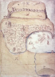 Plano de Scarborough e suas defesas, c.1540 (lito a cores)