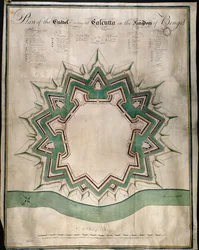 Plano da Cidadela de Calcutá e Fort William, o Armazém Fortificado da Companhia das Índias Orientais, c.1750 (caneta & tinta & aguarela sobre papel)