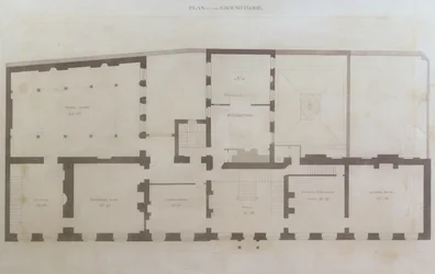 Planos do andar térreo de 21 Albemarle Street após as alterações iniciais para a casa após a sua aquisição pela Royal Institution, c.1800 (lápis e wc no papel)