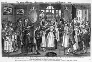 Ilustração 1 de "O Progresso da Prostituta Moderna, ou Aventuras de Harriet Heedless", publicado em 1780