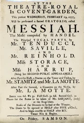 Playbill anunciando uma performance do Oratório de Handel, "Messias" em 1777 (papel impresso)