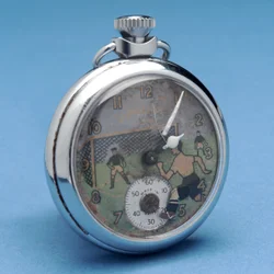 Relógio de bolso com um rosto pictórico representando um jogador de futebol (metal)