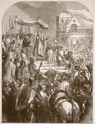 Papa Urbano II pregando a Primeira Cruzada no mercado de Clermont, 1096, ilustração da História Ilustrada de Cassells da Inglaterra (foto sépia)