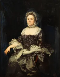 Retrato de Deborah Worsley de Platt, sentada três quartos, em um vestido malva com gola de renda branca e algemas, segurando um par de luvas, c.1760