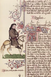 Retrato de Geoffrey Chaucer (c.1342-1400) fac-símile dos Contos de Canterbury por Geoffrey Chaucer (c.1342-1400)