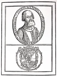 Retrato de Hernado Cortes (1485-1547) e seus braços, de "A História Narrativa e Crítica da América", editado por Justin Winsor, Londres, 1886