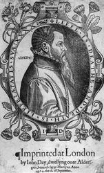 Retrato de John Day, frontispício de Foxes Book of Martyrs, 1564