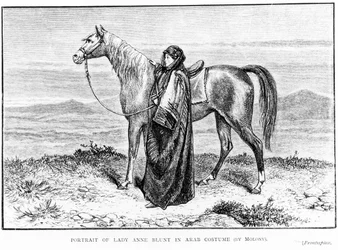 Retrato de Lady Anne Blunt (1837-1917) em traje árabe com um cavalo árabe, frontispício de seu livro A Pilgrimage to Nejd, publicado em 1881