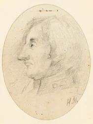 Retrato de Lord Nelson, de cabeça e colarinho naval, de perfil.... com as iniciais H.N. por baixo