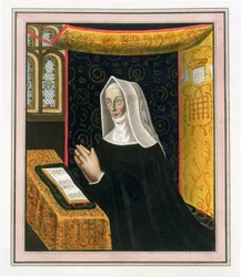 Retrato de Margaret Beaufort, condessa de Richmond e Derby (1443-1509), fundadora do St. Johns College, Cambridge, de The History of Cambridge, pub. por R. Ackermann, 1815 (cor aquatint)