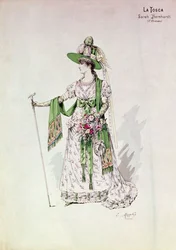 Retrato de Sarah Bernhardt (1844-1923) numa produção de "La Tosca" de Victorien Sardou (1831-1908) no Liceu, 9 de Julho de 1888 (gravura a cores)