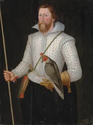 Retrato de Sir Thomas Monson, meio comprimento, em um gibão branco cortado, cingido a uma espada, segurando um falcão e sua varinha de escritório