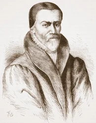 Retrato de William Tyndale (de uma gravura velha no Bibliotheque Nationale), ilustração da história do protestantismo por James Aitken Wylie (1808-1890), bar. 1878