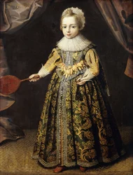 Retrato de um rapaz de 3 anos, de pé de corpo inteiro, com vestido verde bordado a ouro, touca de renda e rufo, segurando uma raqueta e um volante, 1605