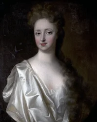 Retrato, de, um, mulher jovem, em, cetim branco