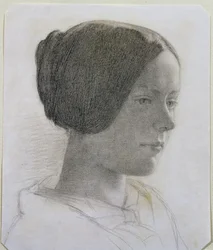Retrato, de, um, mulher jovem, com, dela, cabelo, em, um, bolo, c.1840, (colored, gizes, ligado, paper)