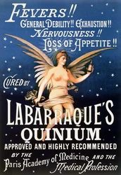 Cartaz publicitário do Quinium de Labarraque, medicamento com quinina para febres, debilidade geral, esgotamento, nervosismo e perda de apetite, 1889