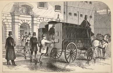 Furgão de prisão que pega prisioneiros na casa da detenção, ilustração das prisões criminosas de Londres e cenas da vida da prisão por Henry Mayhew e por John Binny, bar. 1862