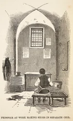 Prisioneiro no trabalho que faz sapatas na pilha separada, ilustração das prisões criminosas de Londres e cenas da vida da prisão por Henry Mayhew e por John Binny, bar. 1862