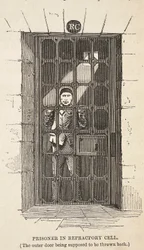 Prisioneiro na cela refratária (a porta exterior que está sendo supor para ser jogado para trás), ilustração das prisões criminosas de Londres e cenas da vida da prisão por Henry Mayhew e por John Binny, bar. 1862 (e