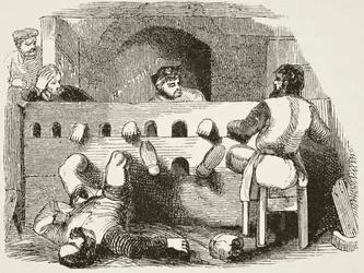 Prisioneiros trancados em ações, de "A História Nacional e Nacional da Inglaterra", de William Hickman Smith Aubrey (1858-1916) publicaram Londres, c.1890
