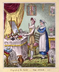 Progresso do Banheiro - The Stays Plate 1, pub. por McCleary, Londres, 1810 (gravura colorida à mão)
