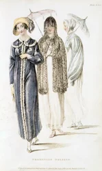 Vestidos de passeio, gravura de moda de Ackermanns Repository of Arts
