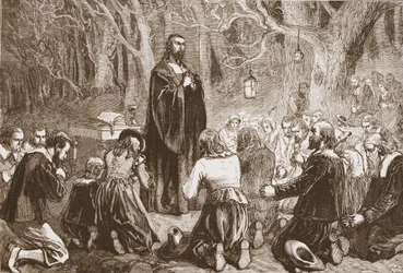 Protestante que adora em a noite na igreja do deserto, ilustração da história do protestantismo por James Aitken Wylie (1808-1890), bar. 1878
