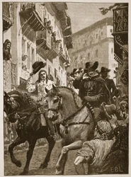 Recepção pública do príncipe Charles em Madri, ilustração da história ilustrada de Cassell da Inglaterra (foto sépia)