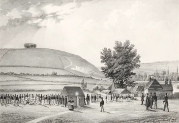 Garotos de escola pública (Charterhouse) jogando futebol (bw litho)
