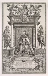 Rainha Elizabeth I (1533-1603) como Patrono da Geografia e Astronomia, Frontispício de um livro de Mapas Saxões da Inglaterra, 1579