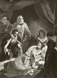 Rainha Elizabeth I em seu leito de morte, de "A História Nacional e Doméstica da Inglaterra" por William Hickman Smith Aubrey (1858-1916) publicou Londres, c.1890