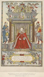 Rainha Isabel como padroeira da geografia e da astronomia. Frontispício ao atlas de Saxton de Inglaterra País de Gales de 1579 (cor litho)
