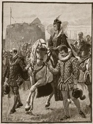Rainha Elizabeth em Tilbury, ilustração da história ilustrada de Cassells da Inglaterra (foto sépia)