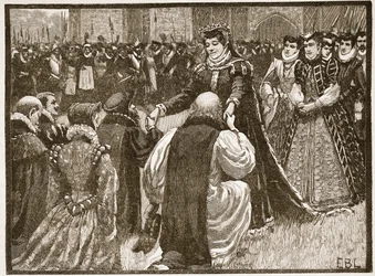Rainha Maria e os prisioneiros do estado na torre, ilustração da história ilustrada de Cassells da Inglaterra (foto sépia)